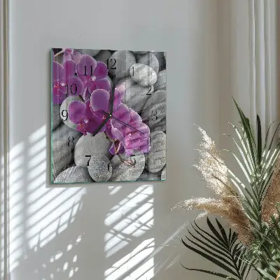Kvadratinis sieninis laikrodis Akmenys ir orchidėja