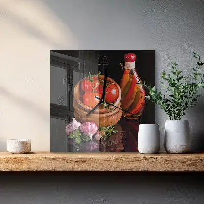 Kvadratinis sieninis laikrodis Pomidorai ir česnakai
