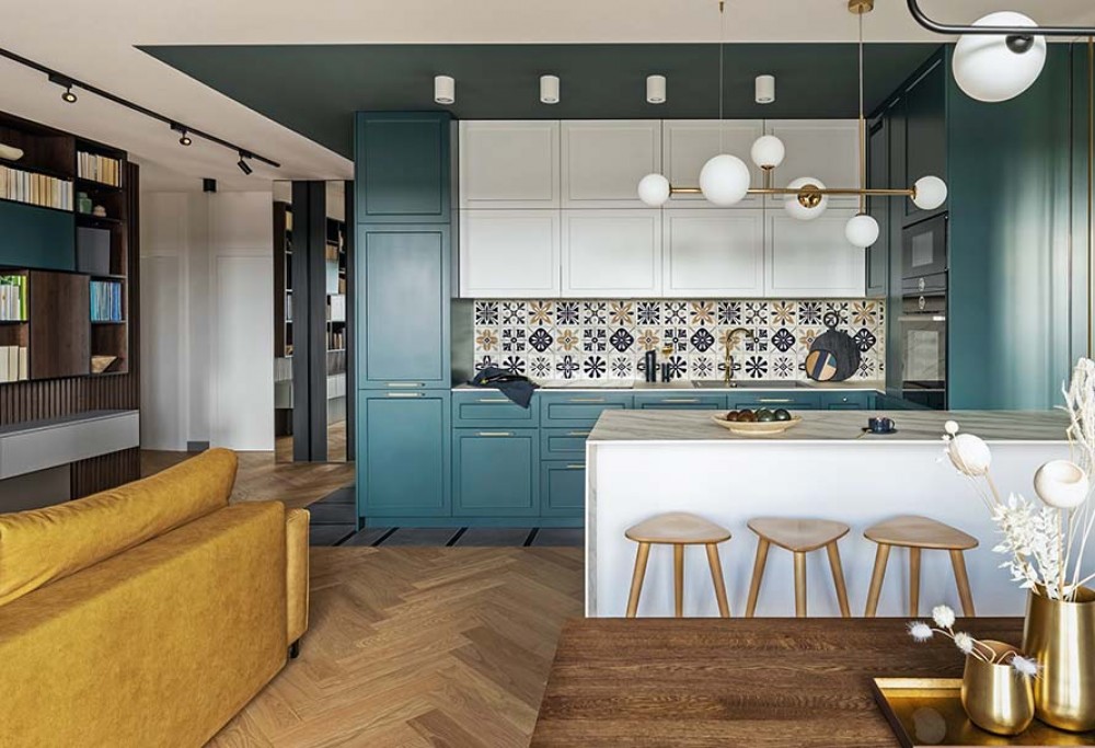 Atvira virtuvė su svetaine